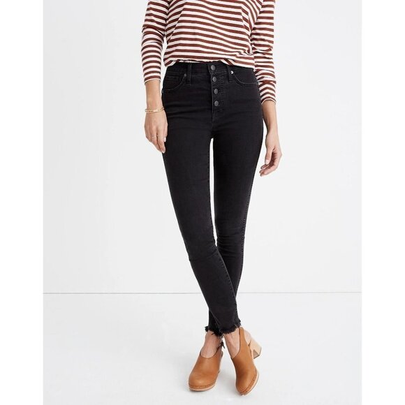 Madewell 9"‎ Mid-Rise Skinny Jeans Black Raw Hem Exposed Button Fly Size 25 - Picture 1 of 8